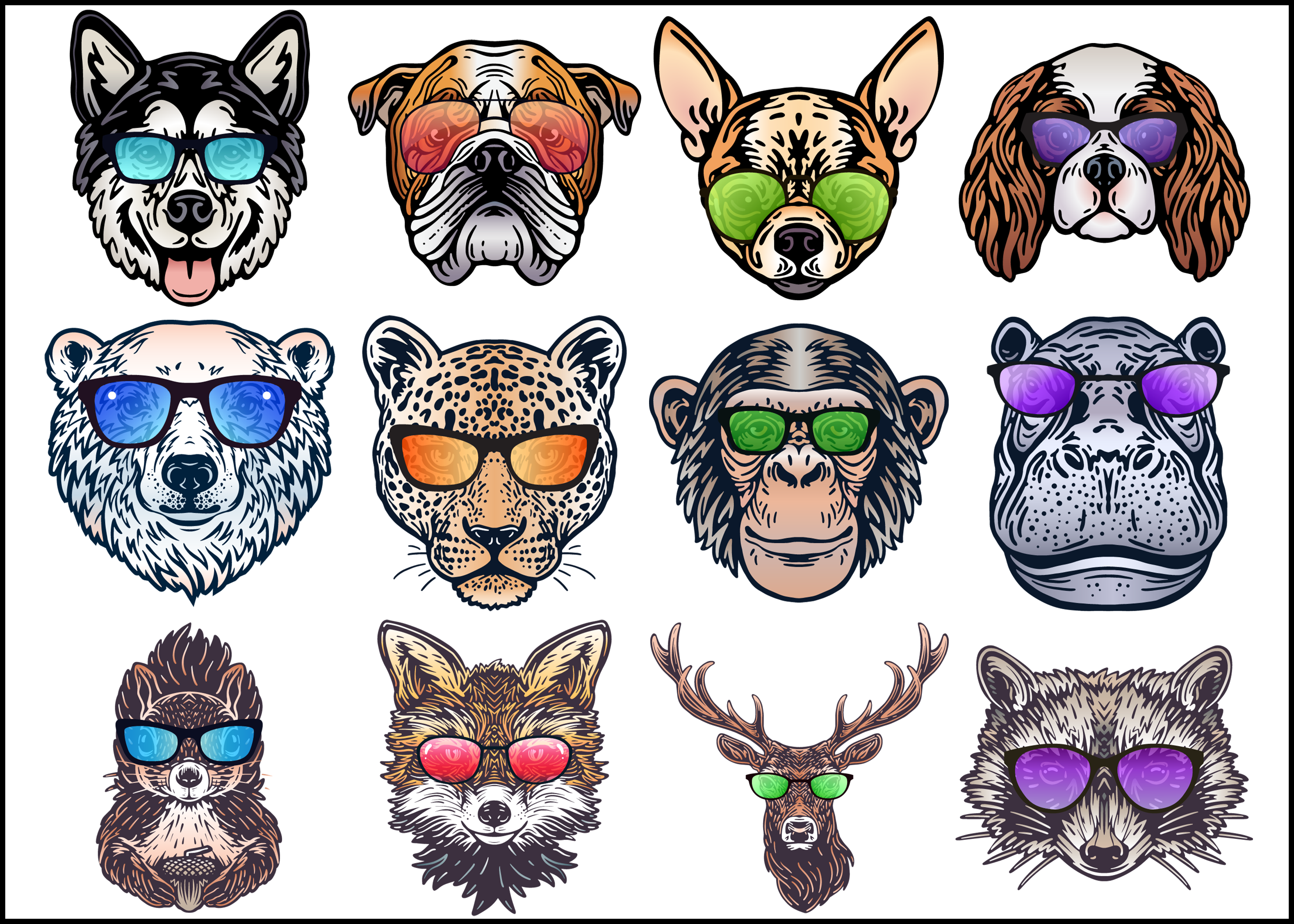 A series of vector illustrations of animals wearing tinted lenses, the primary product of Opticalm.