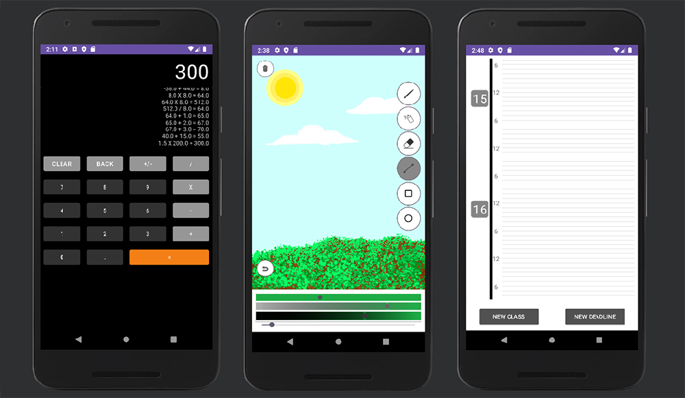 Three seperate Android apllications.  A calculator, a painting app, and a scheduler.